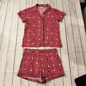 2-Pc Peanuts SNOOPY Paisley Bandana Raspberry Ribbed Shorts Pajamas Wm's Medium